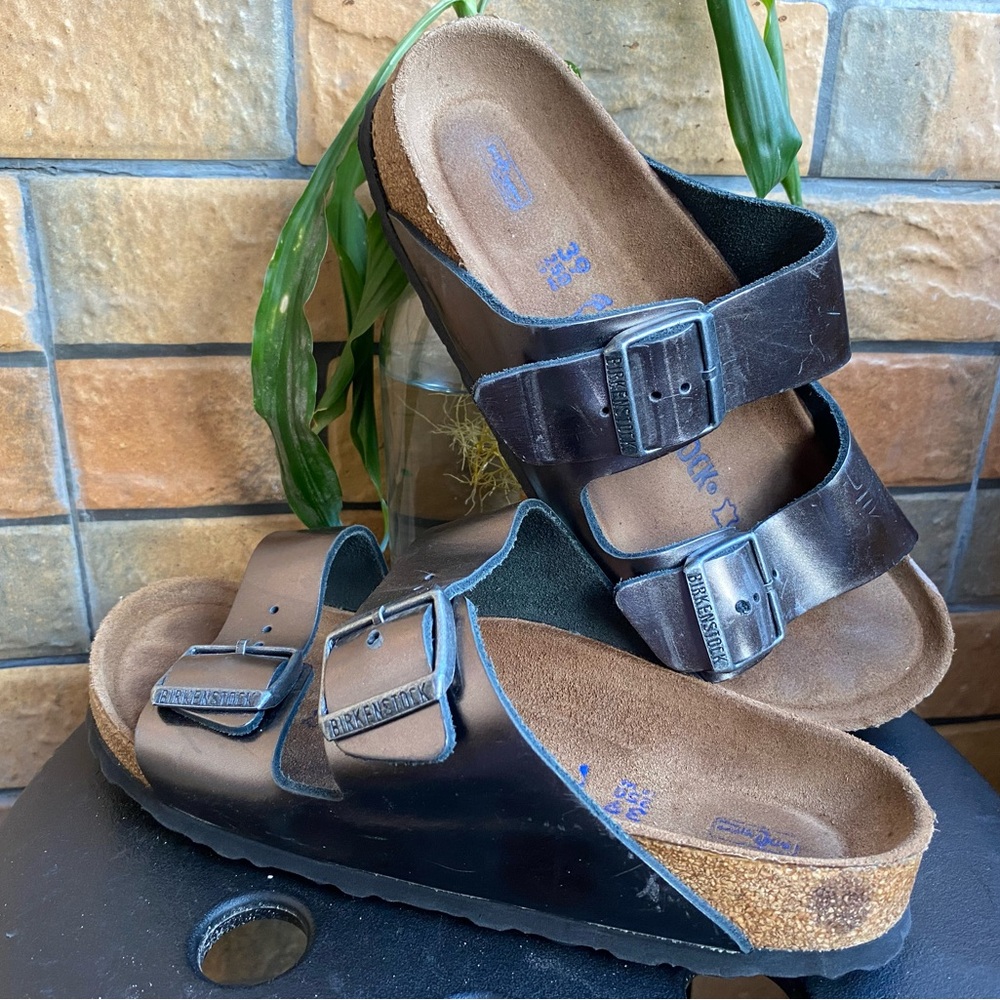 Pre-owned Birkenstock Arizona Soft Footbed Sandal in metallic Anthracite 39/8